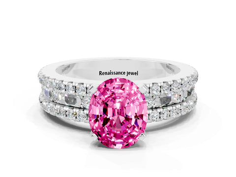 White gold Oval Cut Pink Sapphire Solitaire Ring with Pavé and Channel Set Band_24