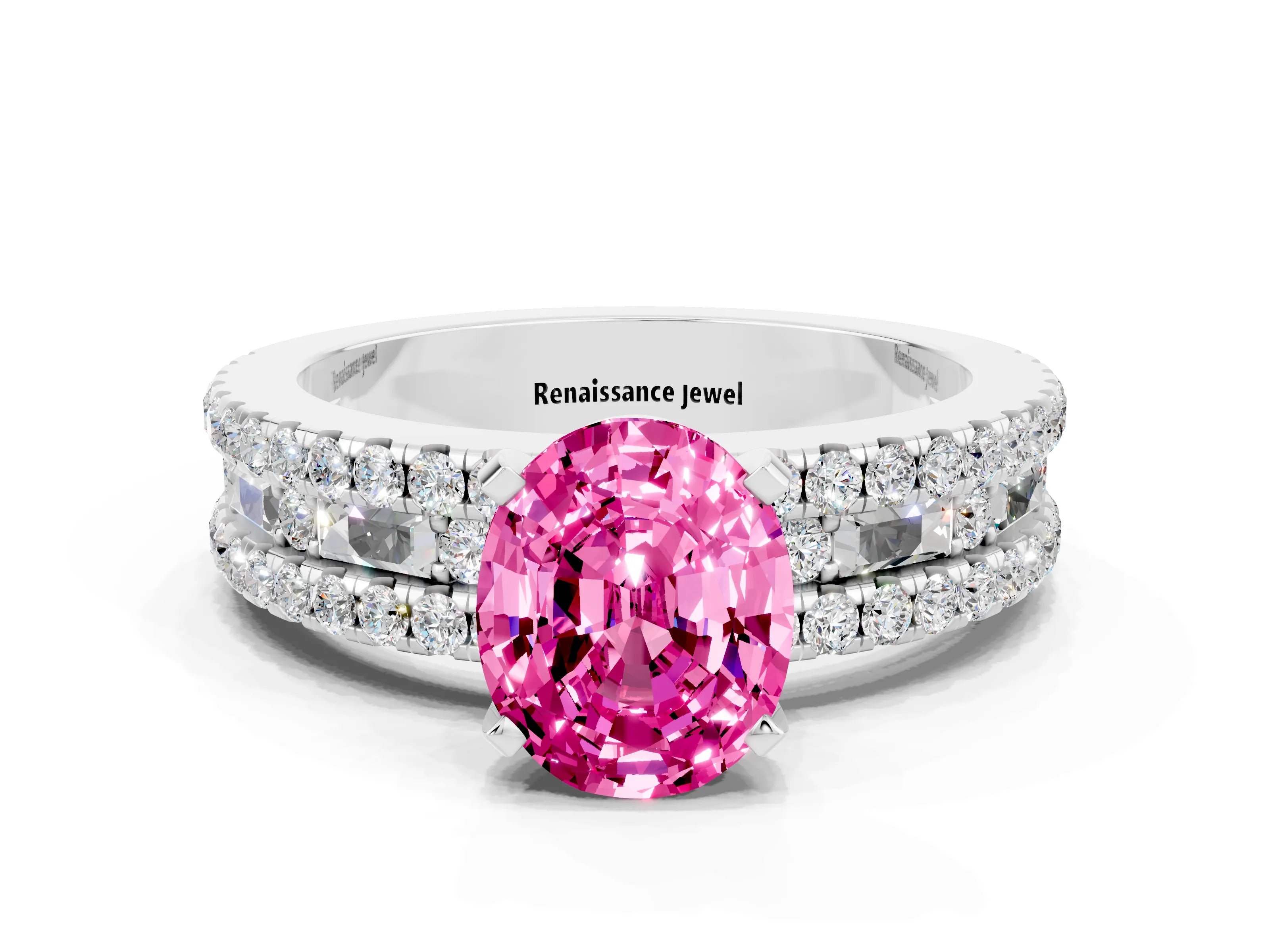 White gold Oval Cut Pink Sapphire Solitaire Ring with Pavé and Channel Set Band_24