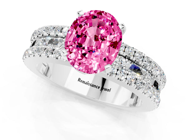 Platinum Oval Cut Pink Sapphire Solitaire Ring with Pavé and Channel Set Band