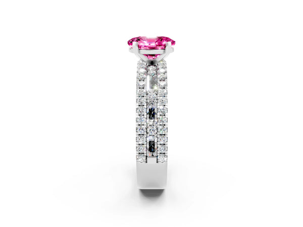 White gold Oval Cut Pink Sapphire Solitaire Ring with Pavé and Channel Set Band