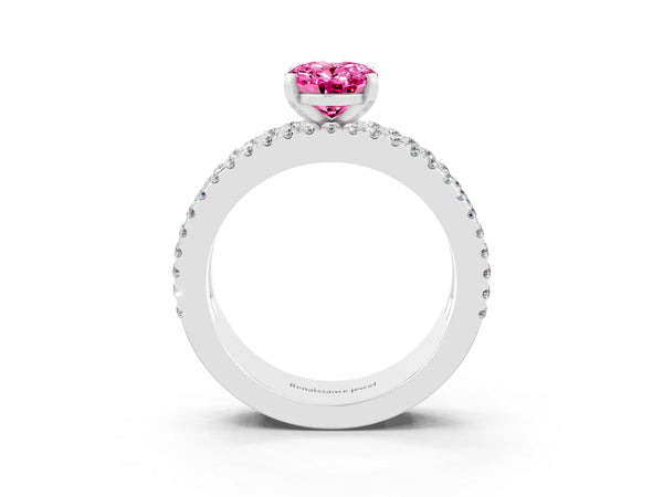 Platinum Oval Cut Pink Sapphire Solitaire Ring with Pavé and Channel Set Band