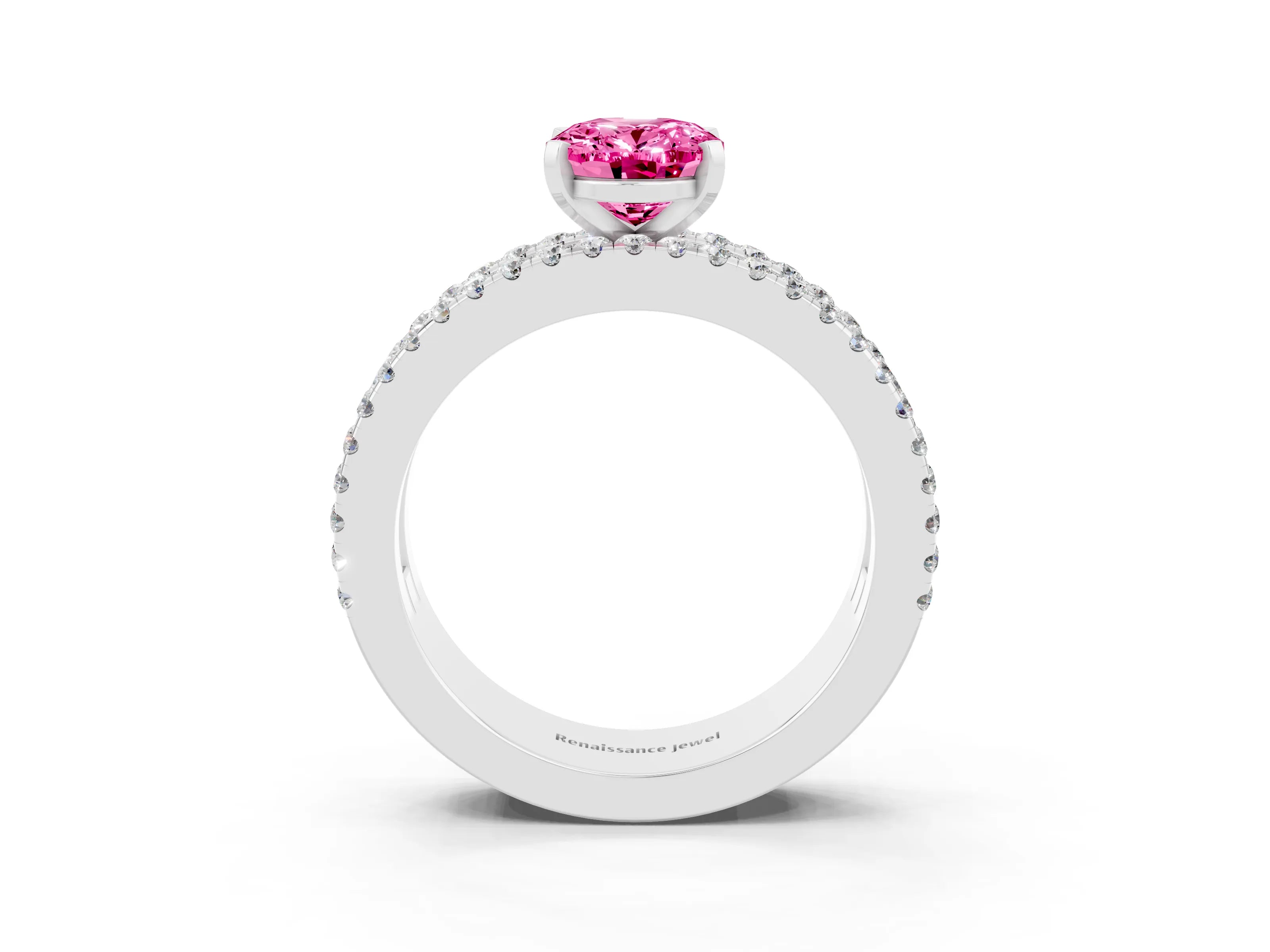 White gold Oval Cut Pink Sapphire Solitaire Ring with Pavé and Channel Set Band_27