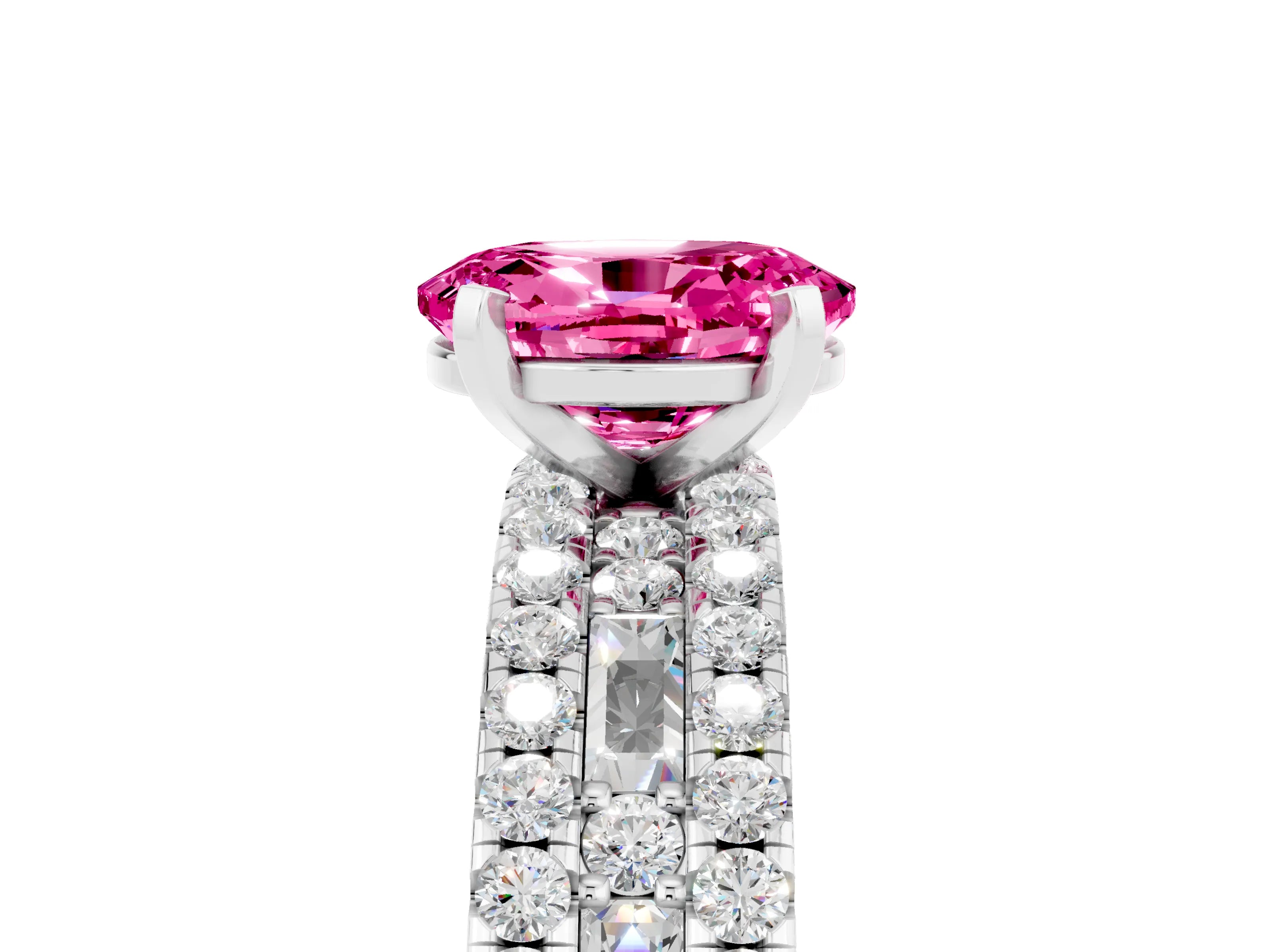 White gold Oval Cut Pink Sapphire Solitaire Ring with Pavé and Channel Set Band_29