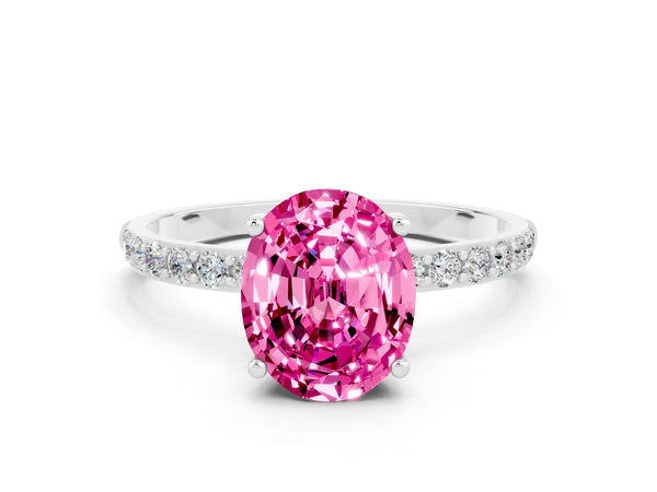 Silver Oval Cut Pink Sapphire Solitaire Ring with Round  Pavé Band and Prong Setting