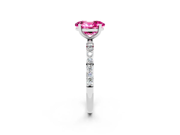 Platinum Oval Cut Pink Sapphire Solitaire Ring with Round  Pavé Band and Prong Setting