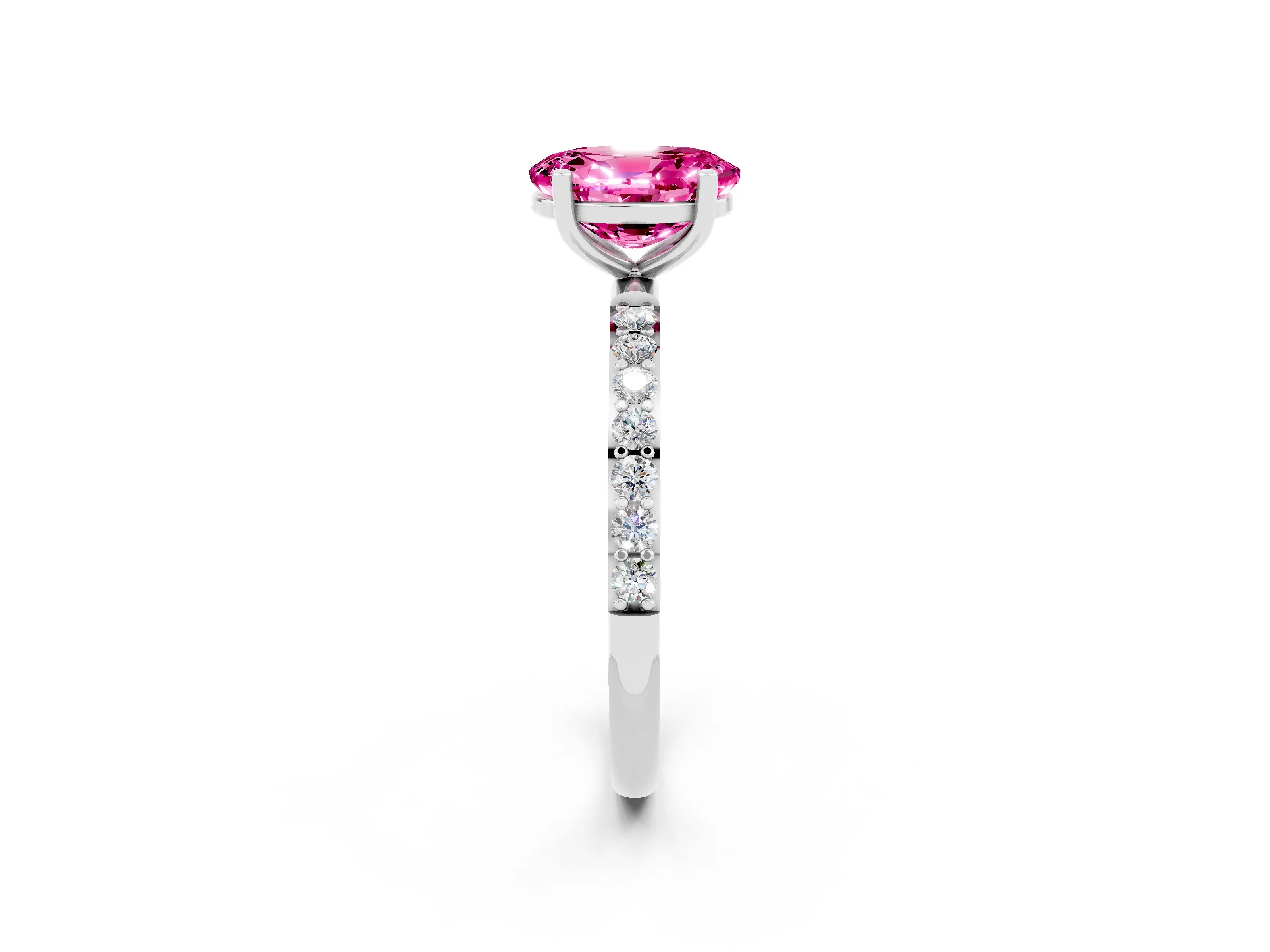 White gold Oval Cut Pink Sapphire Solitaire Ring with Pave Band and Four Prong Setting_50
