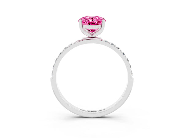 Platinum Oval Cut Pink Sapphire Solitaire Ring with Round  Pavé Band and Prong Setting