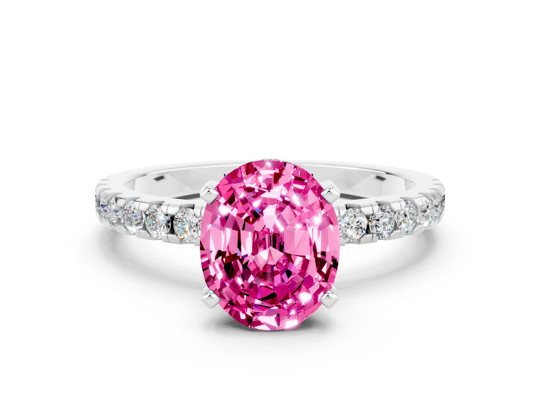 White gold Oval Cut Pink Sapphire Solitaire Ring with Round  Pavé Band and Four-Prong Setting_48