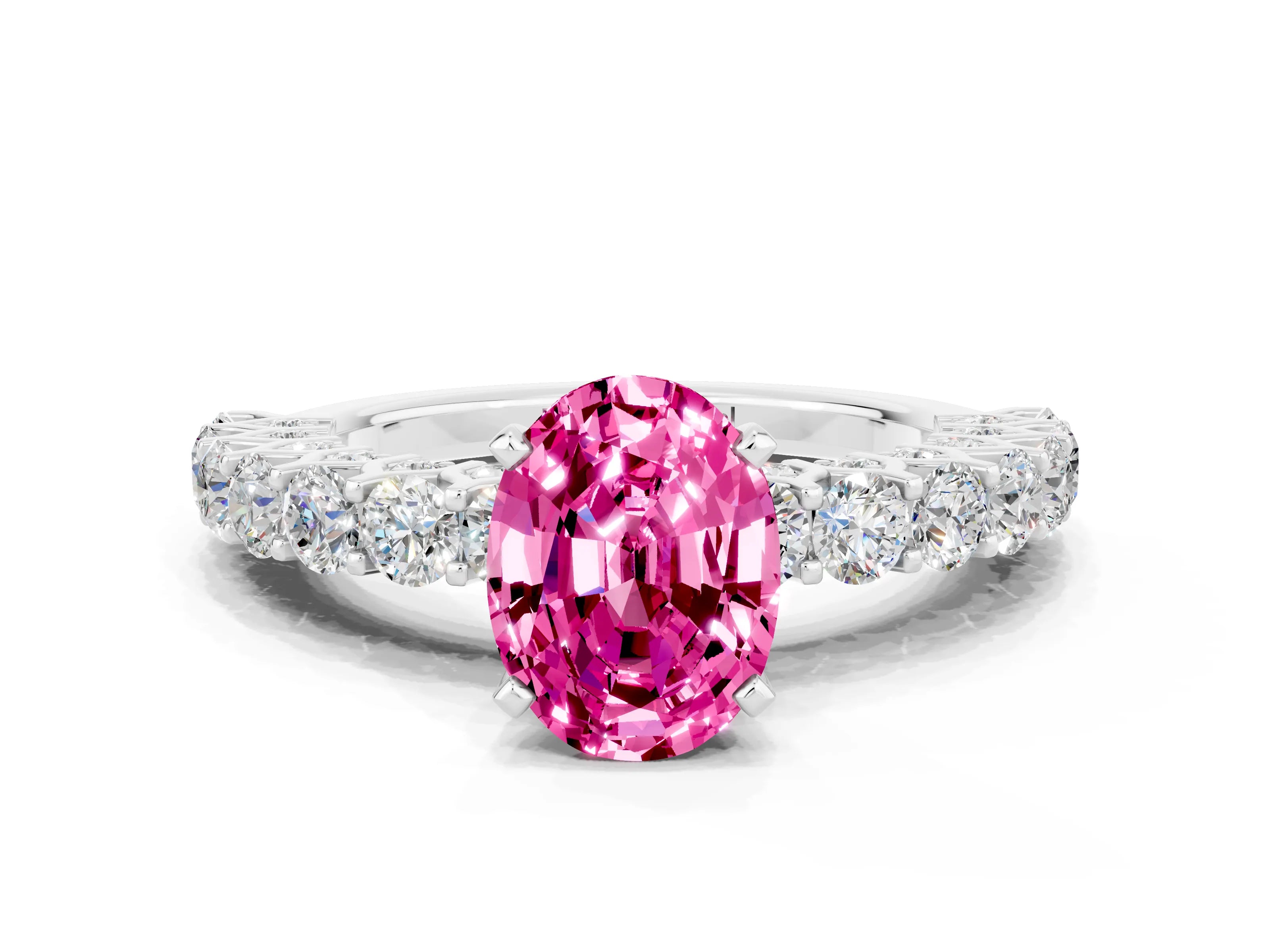 White gold Oval Cut Pink Sapphire Solitaire Ring with Shared Prong Pavé Band and Four-Prong Setting_12