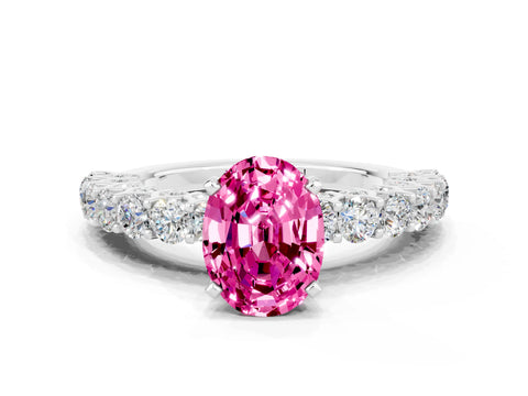 White gold Oval Cut Pink Sapphire Solitaire Ring with Shared Prong Pavé Band and Four-Prong Setting_12