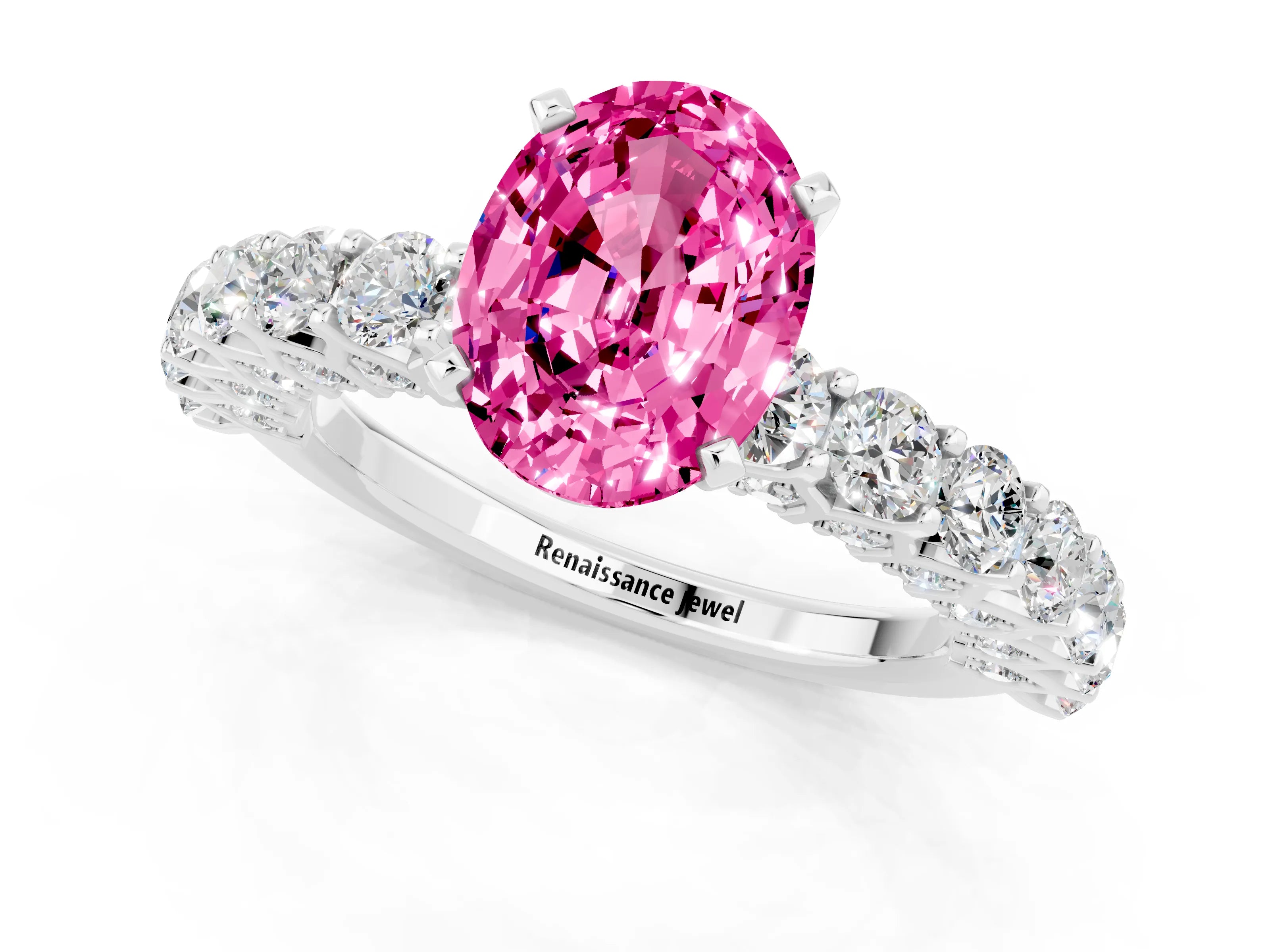 White gold Oval Cut Pink Sapphire Solitaire Ring with Shared Prong Pavé Band and Four-Prong Setting_13