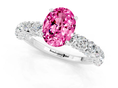White gold Oval Cut Pink Sapphire Solitaire Ring with Shared Prong Pavé Band and Four-Prong Setting_13