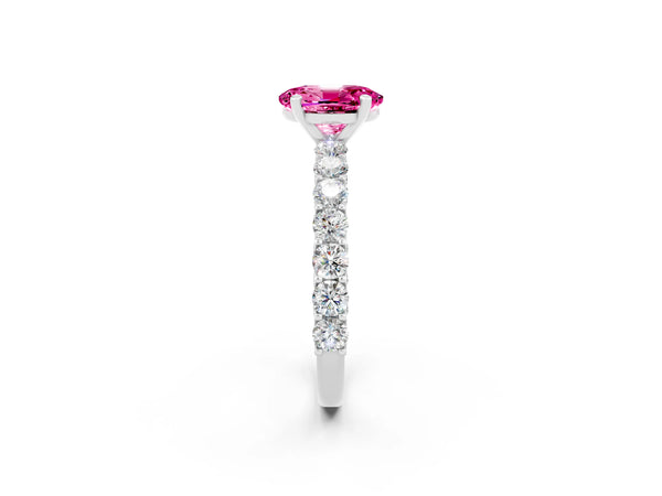 Platinum Oval Cut Pink Sapphire Solitaire Ring with Shared Prong Pavé Band and Four-Prong Setting