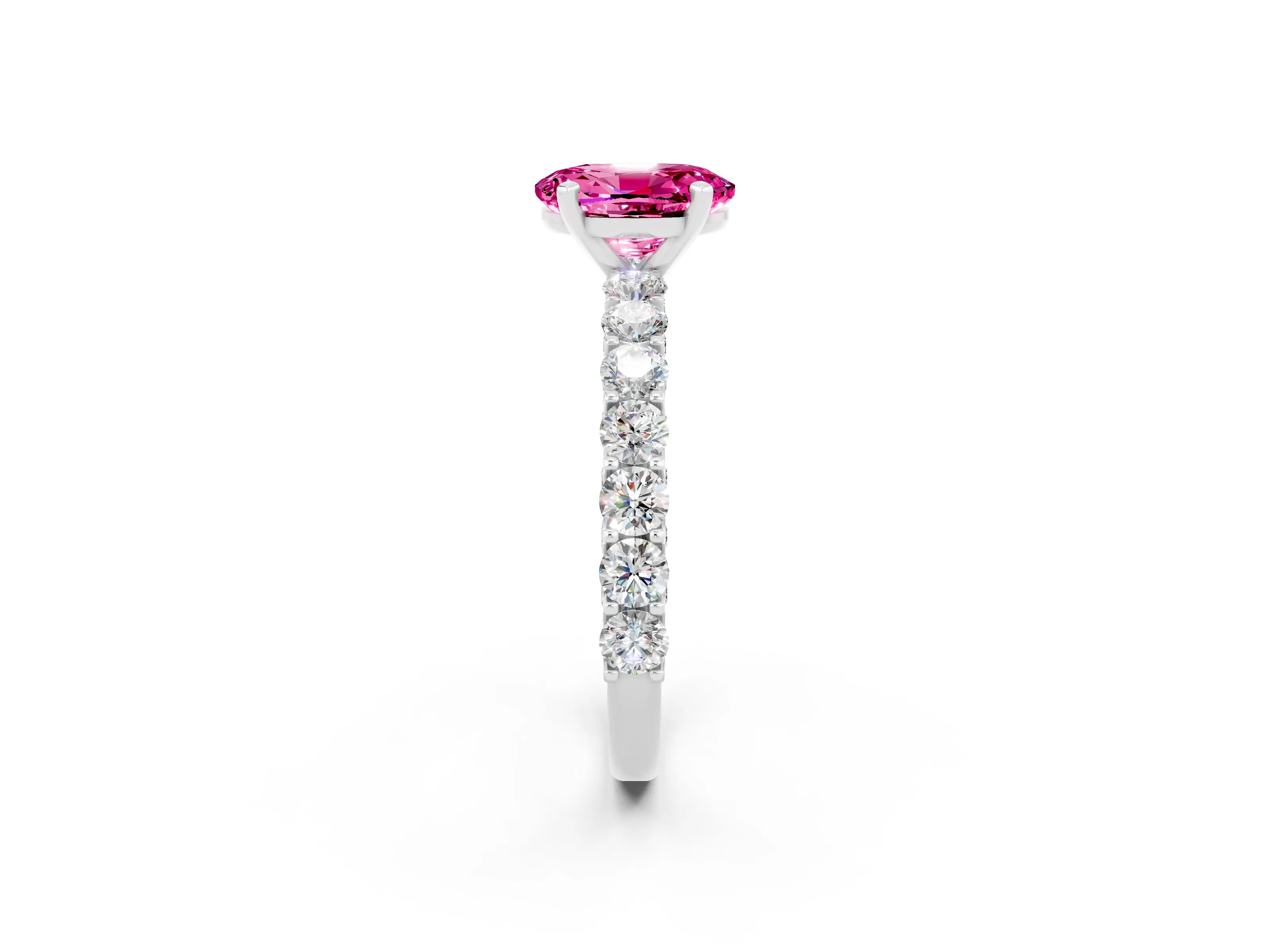 White gold Oval Cut Pink Sapphire Solitaire Ring with Shared Prong Pavé Band and Four-Prong Setting_14