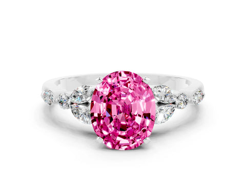 White gold Oval Cut Pink Sapphire Solitaire Ring with Side Stones and Four-Prong Setting_12