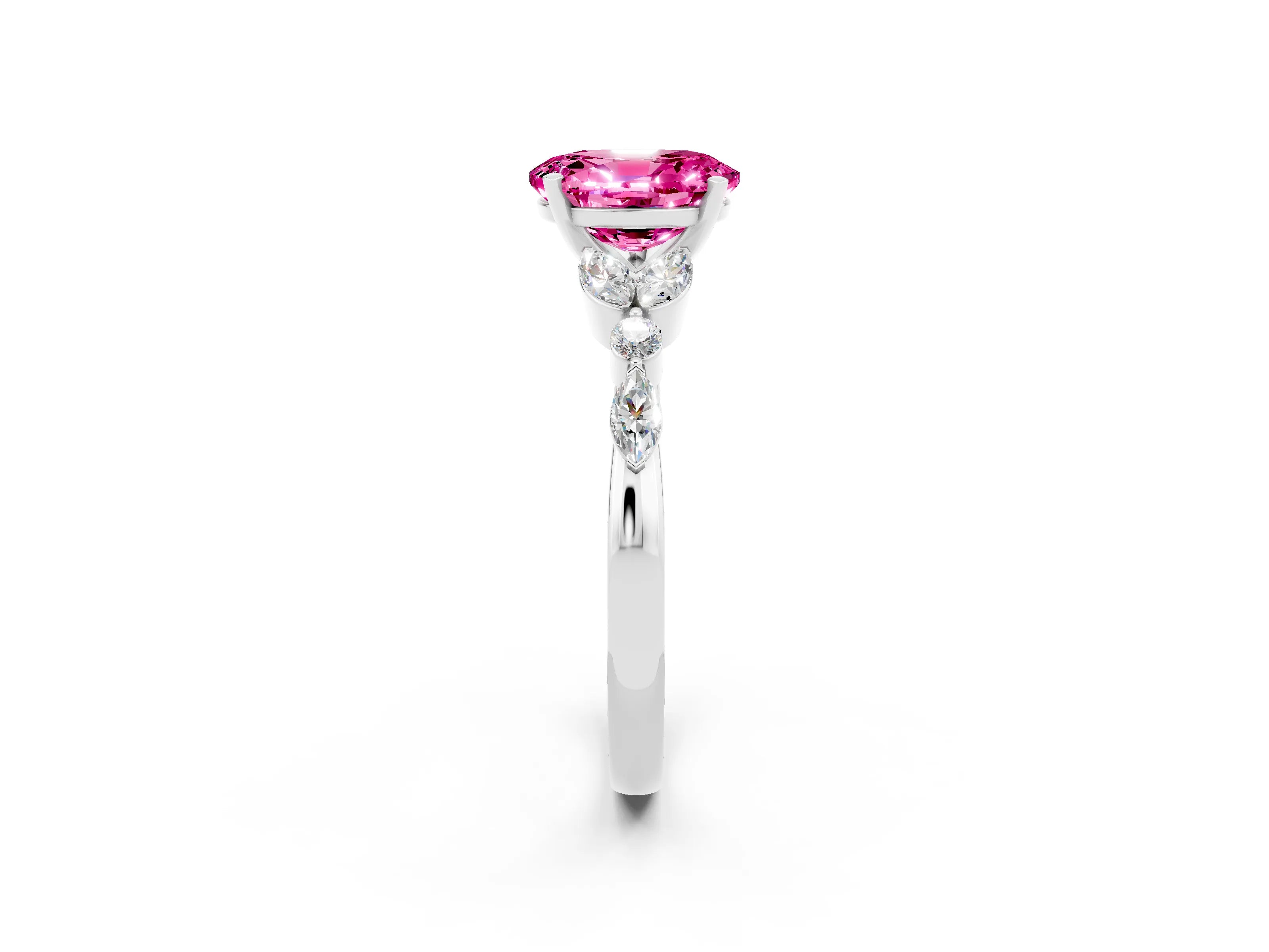 White gold Oval Cut Pink Sapphire Solitaire Ring with Side Stones and Four-Prong Setting_14
