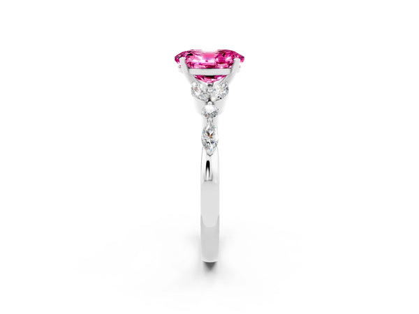 Platinum Oval Cut Pink Sapphire Solitaire Ring with Side Stones and Four-Prong Setting