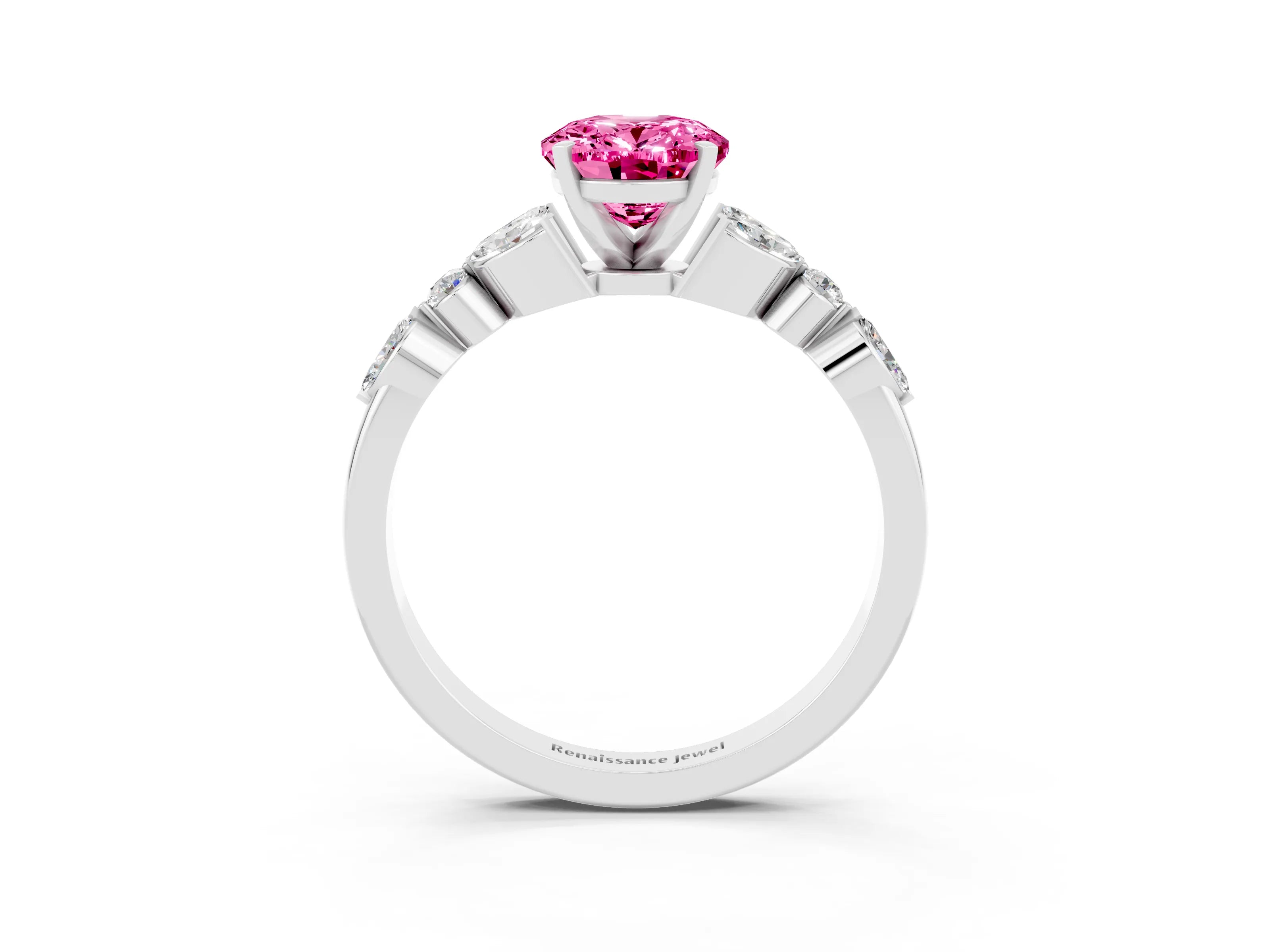 White gold Oval Cut Pink Sapphire Solitaire Ring with Side Stones and Four-Prong Setting_15