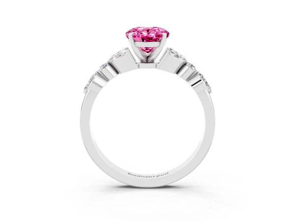 Platinum Oval Cut Pink Sapphire Solitaire Ring with Side Stones and Four-Prong Setting