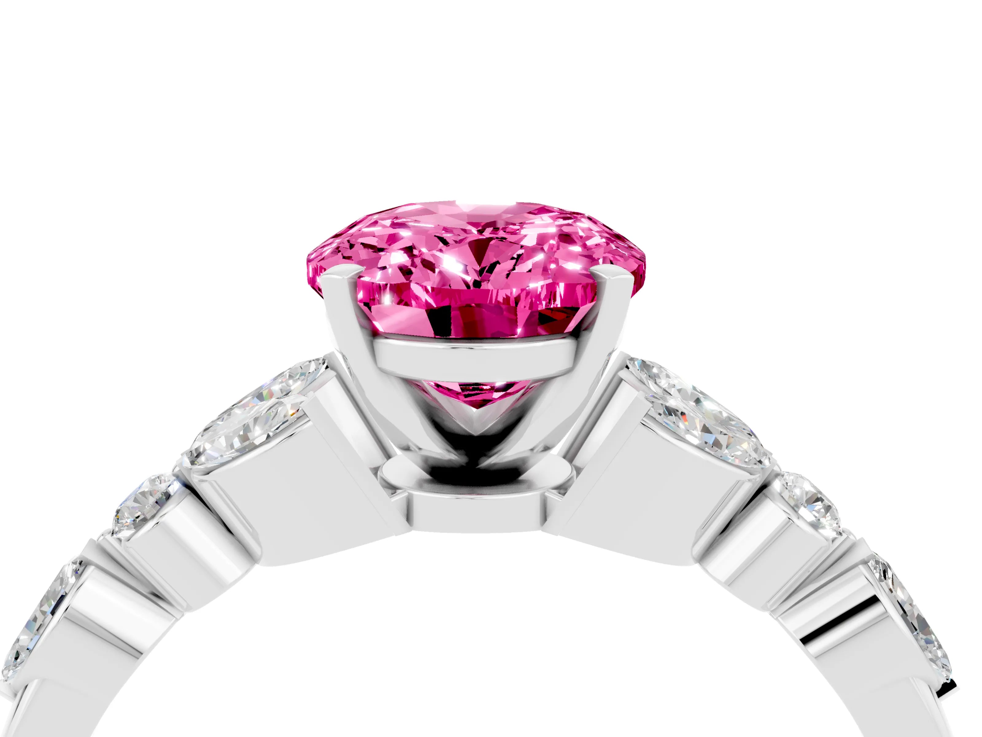 White gold Oval Cut Pink Sapphire Solitaire Ring with Side Stones and Four-Prong Setting_16