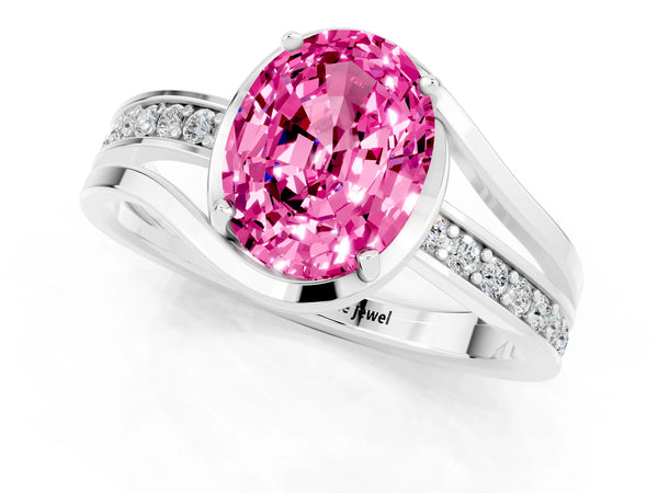 Platinum Oval Cut Pink Sapphire Solitaire Ring with Split Shank and Prong Setting
