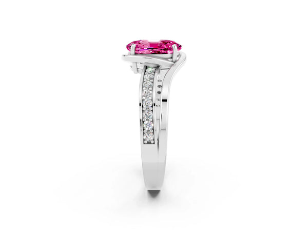 Silver Oval Cut Pink Sapphire Solitaire Ring with Split Shank and Prong Setting