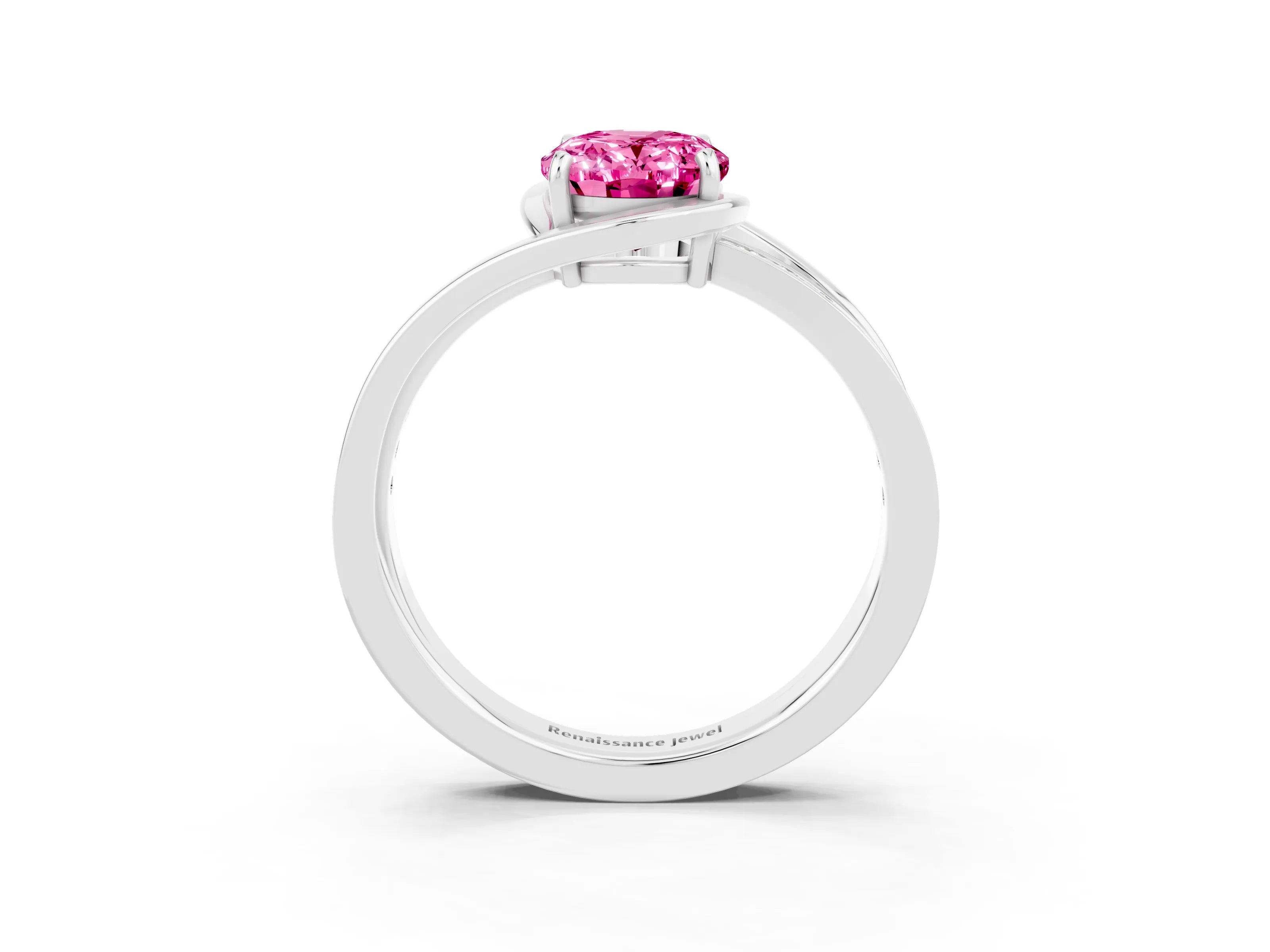 White gold Oval Cut Pink Sapphire Solitaire Ring with Split Shank and Prong Setting_3