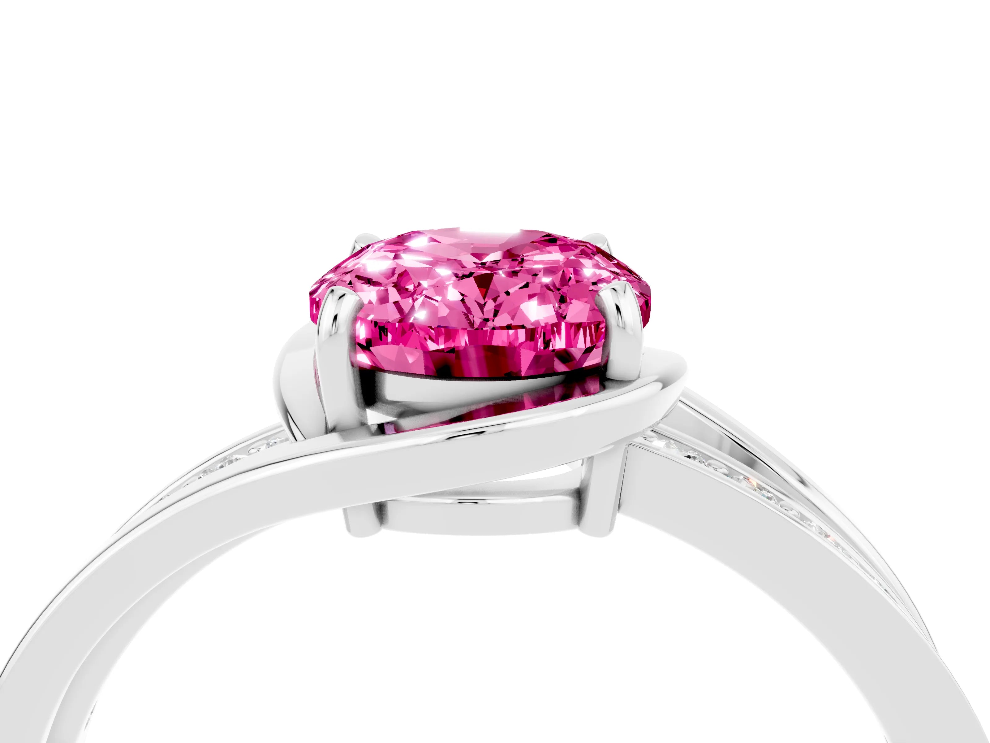White gold Oval Cut Pink Sapphire Solitaire Ring with Split Shank and Prong Setting_4