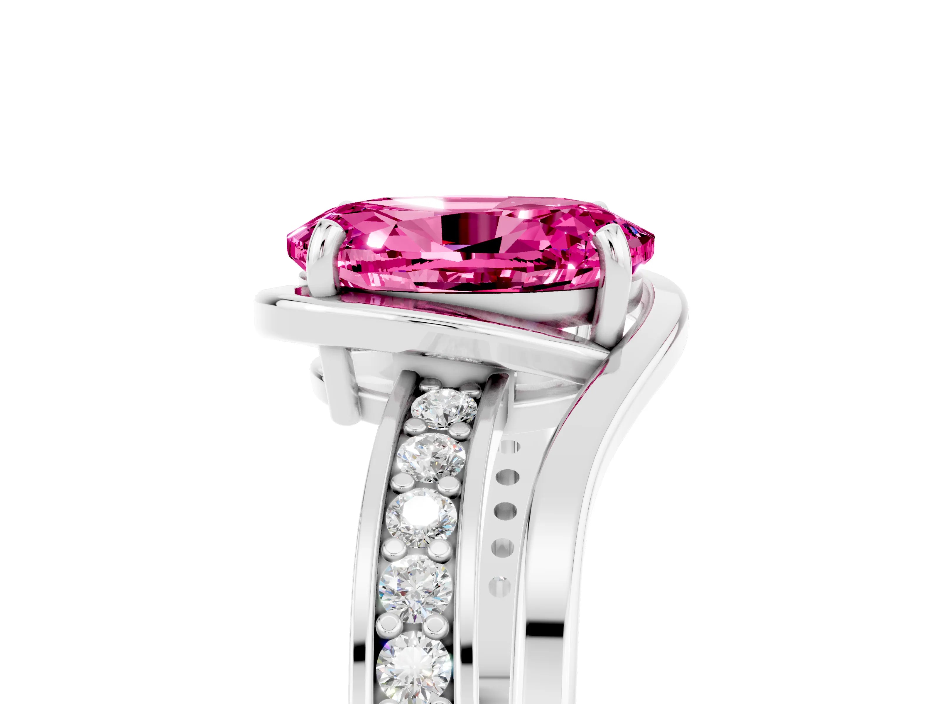 White gold Oval Cut Pink Sapphire Solitaire Ring with Split Shank and Prong Setting_5