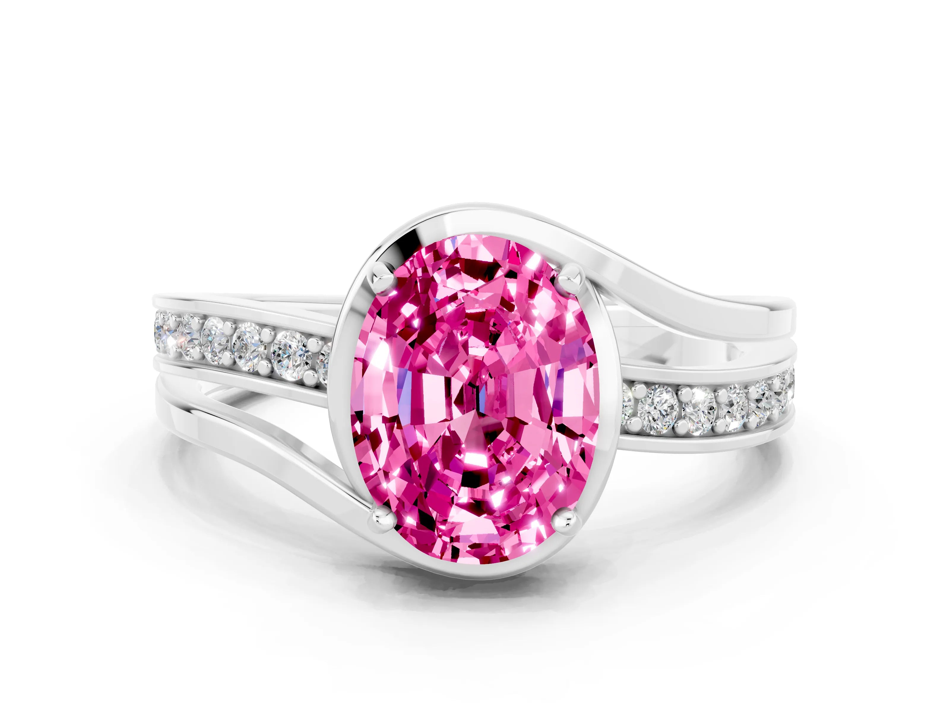White gold Oval Cut Pink Sapphire Solitaire Ring with Split Shank and Prong Setting