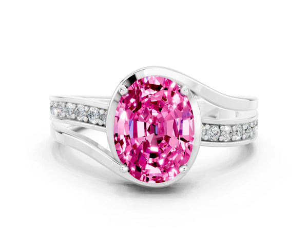 White gold Oval Cut Pink Sapphire Solitaire Ring with Split Shank and Prong Setting