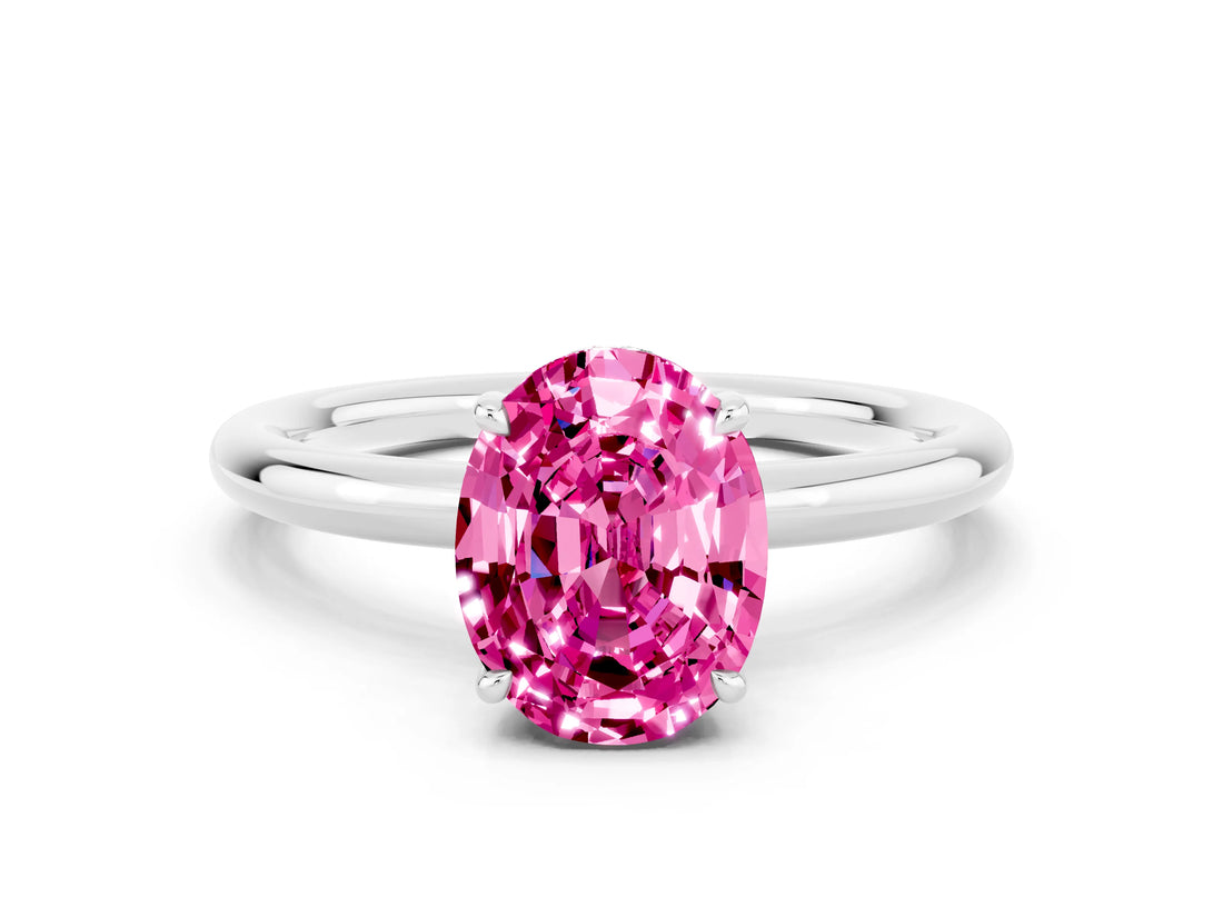 White gold Oval Cut Pink Sapphire Solitaire Ring with Thin Band and Four-Prong Setting_36