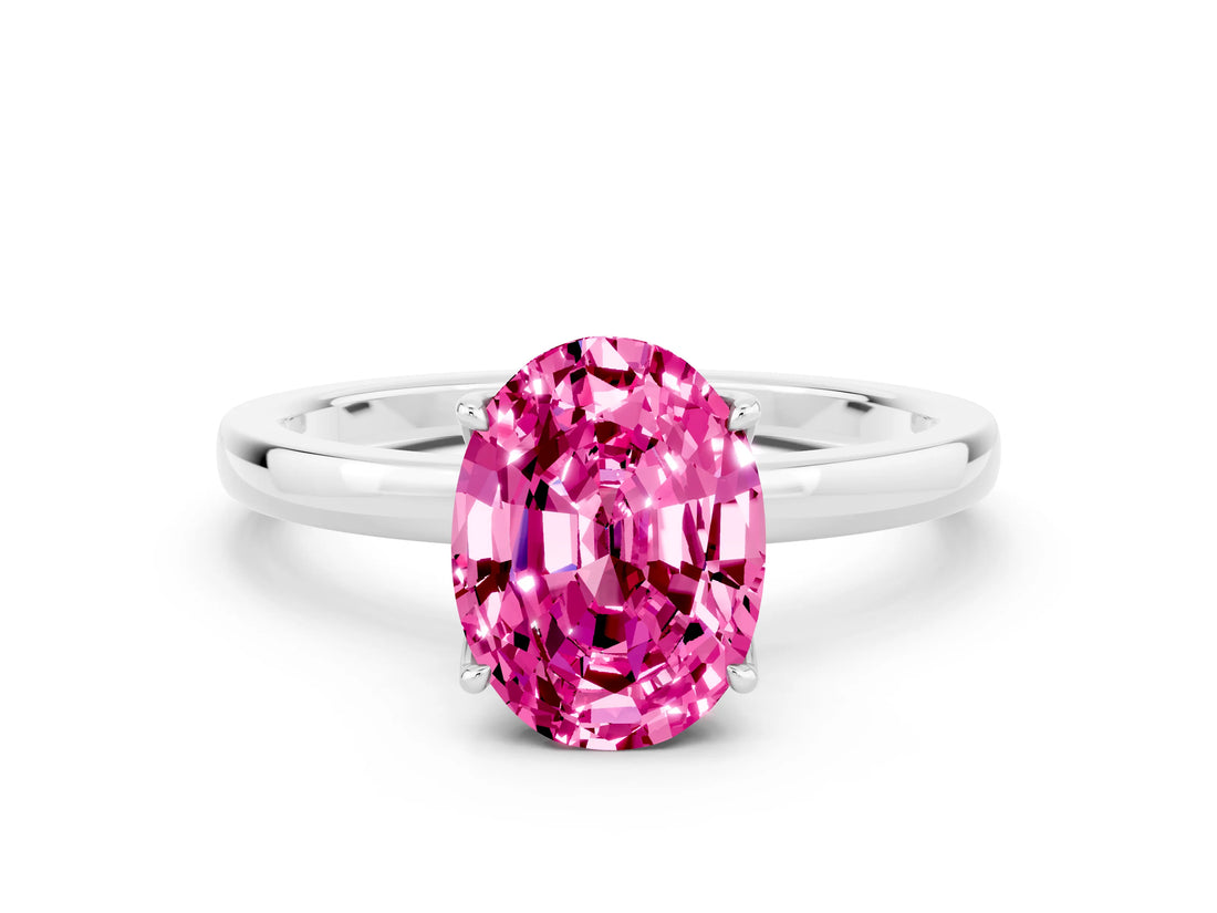 White gold Oval Cut Pink Sapphire Solitaire Ring with Thin Band and Prong Setting_12
