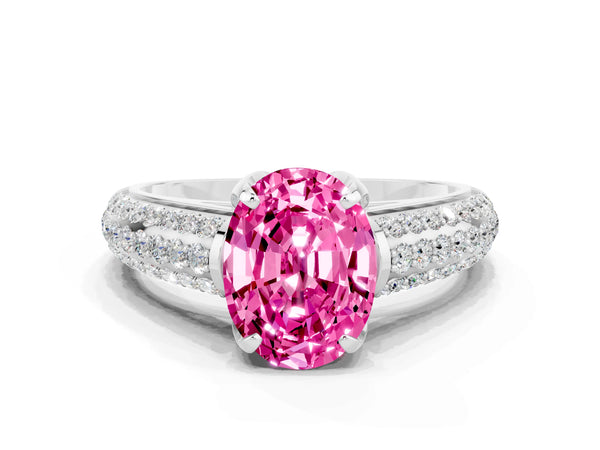 Silver Oval Cut Pink Sapphire Solitaire Ring with Three-Row Pavé Band and Four-Prong Setting
