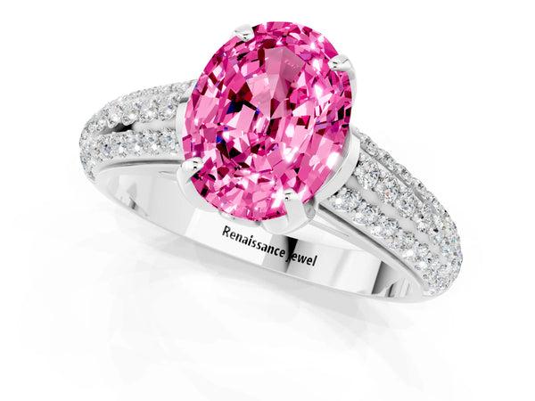 Platinum Oval Cut Pink Sapphire Solitaire Ring with Three-Row Pavé Band and Four-Prong Setting