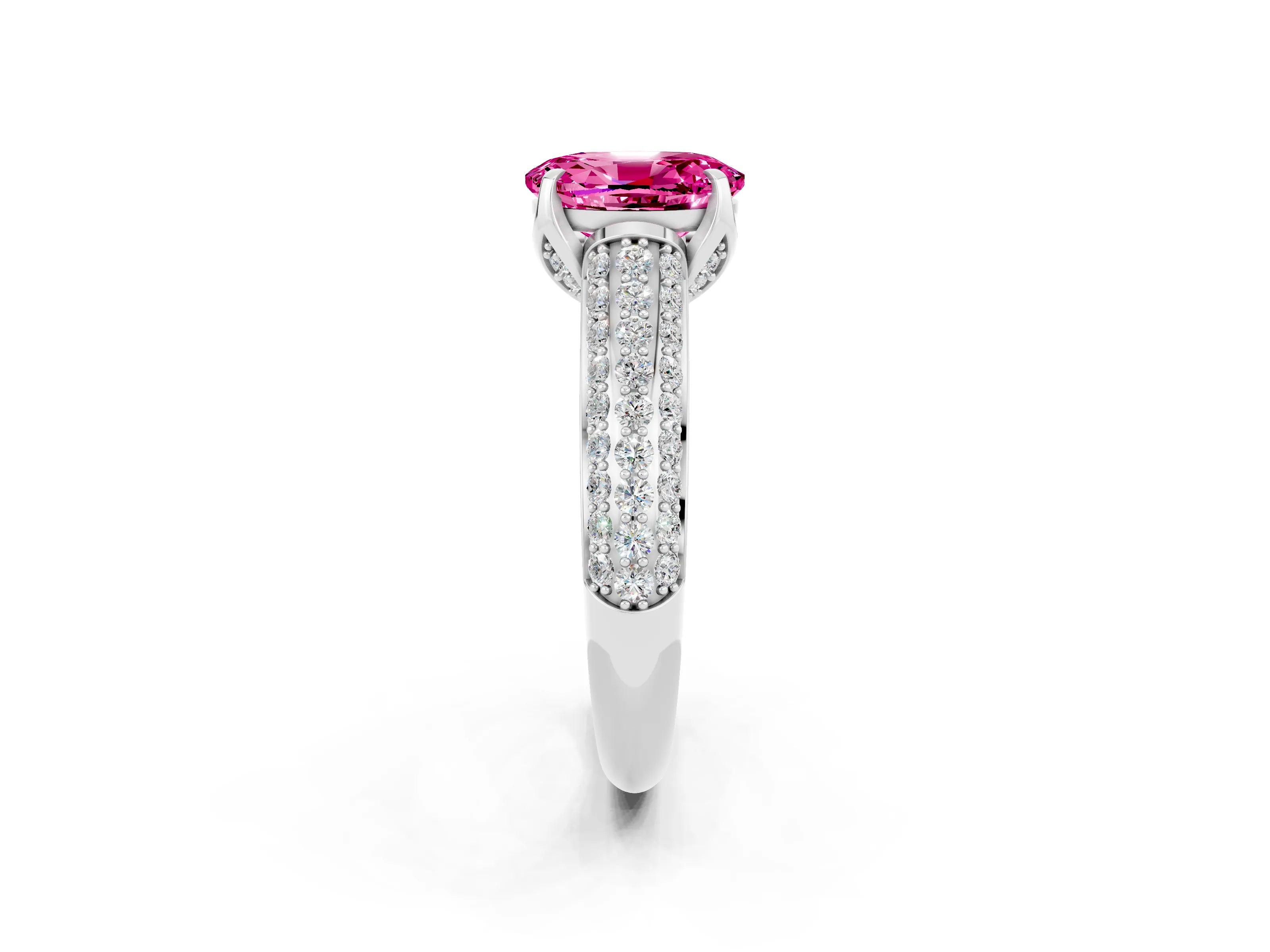 White gold Oval Cut Pink Sapphire Solitaire Ring with Three-Row Pavé Band and Four-Prong Setting_14