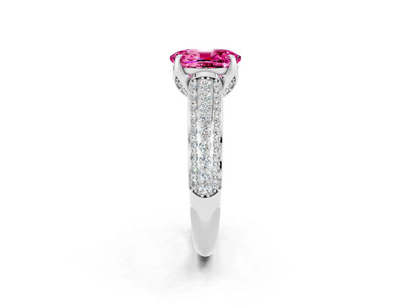 Silver Oval Cut Pink Sapphire Solitaire Ring with Three-Row Pavé Band and Four-Prong Setting
