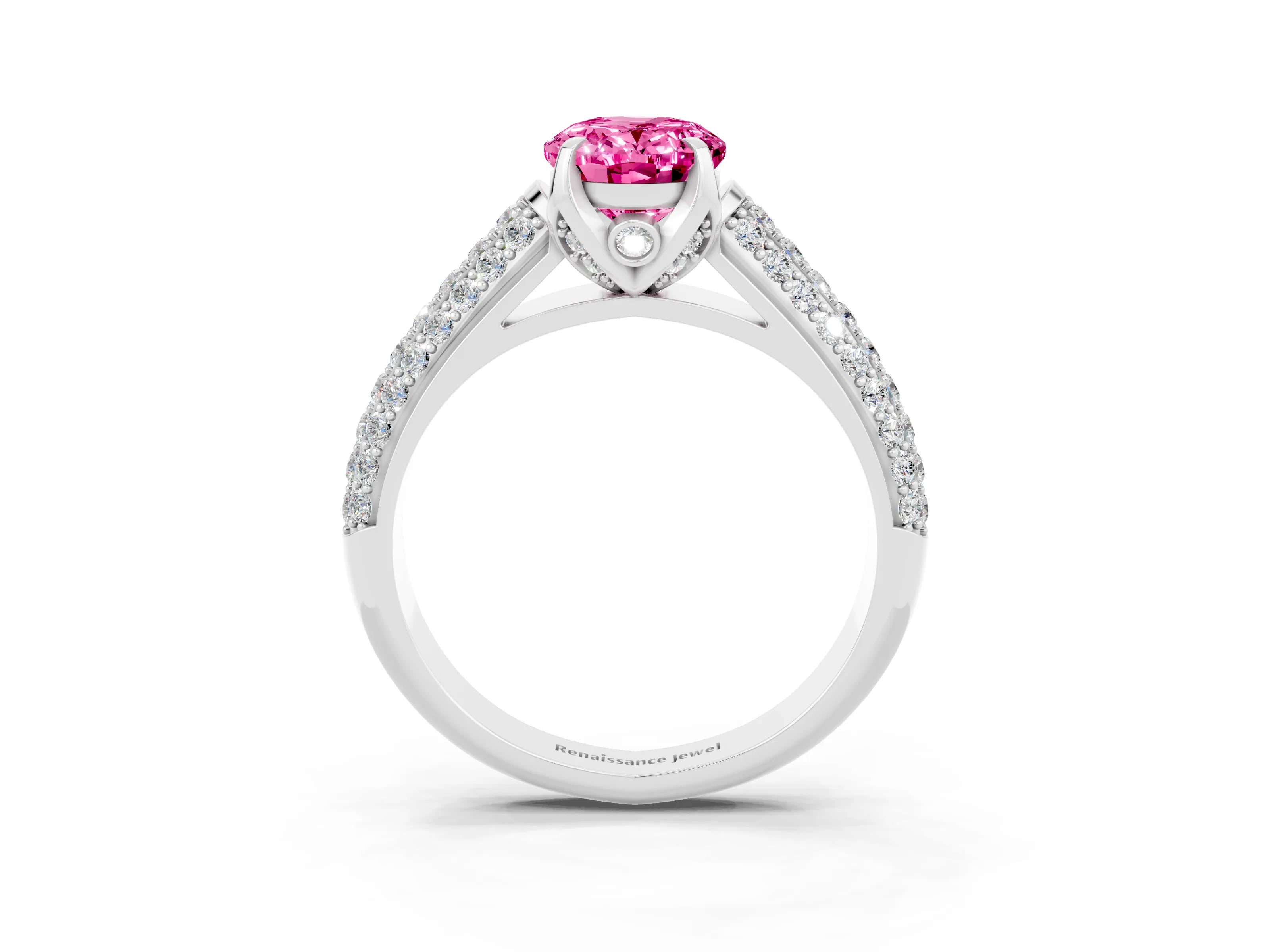 White gold Oval Cut Pink Sapphire Solitaire Ring with Three-Row Pavé Band and Four-Prong Setting_15