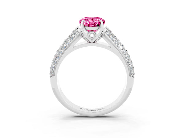 Silver Oval Cut Pink Sapphire Solitaire Ring with Three-Row Pavé Band and Four-Prong Setting