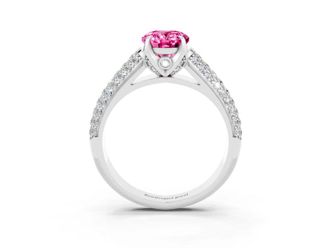 White gold Oval Cut Pink Sapphire Solitaire Ring with Three-Row Pavé Band and Four-Prong Setting_15