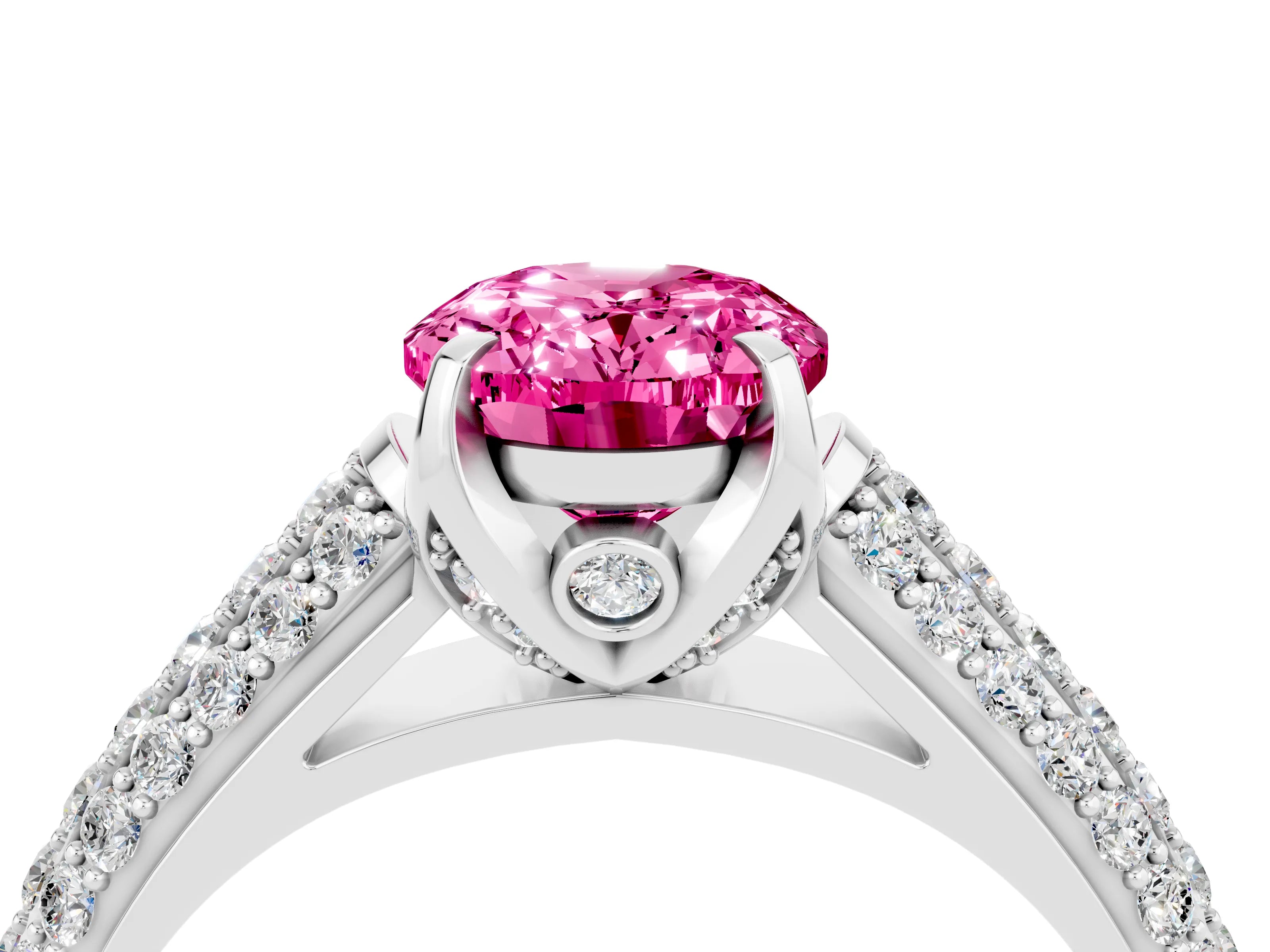 White gold Oval Cut Pink Sapphire Solitaire Ring with Three-Row Pavé Band and Four-Prong Setting_16