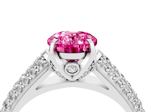 White gold Oval Cut Pink Sapphire Solitaire Ring with Three-Row Pavé Band and Four-Prong Setting_16