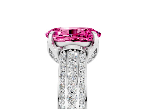 White gold Oval Cut Pink Sapphire Solitaire Ring with Three-Row Pavé Band and Four-Prong Setting_17