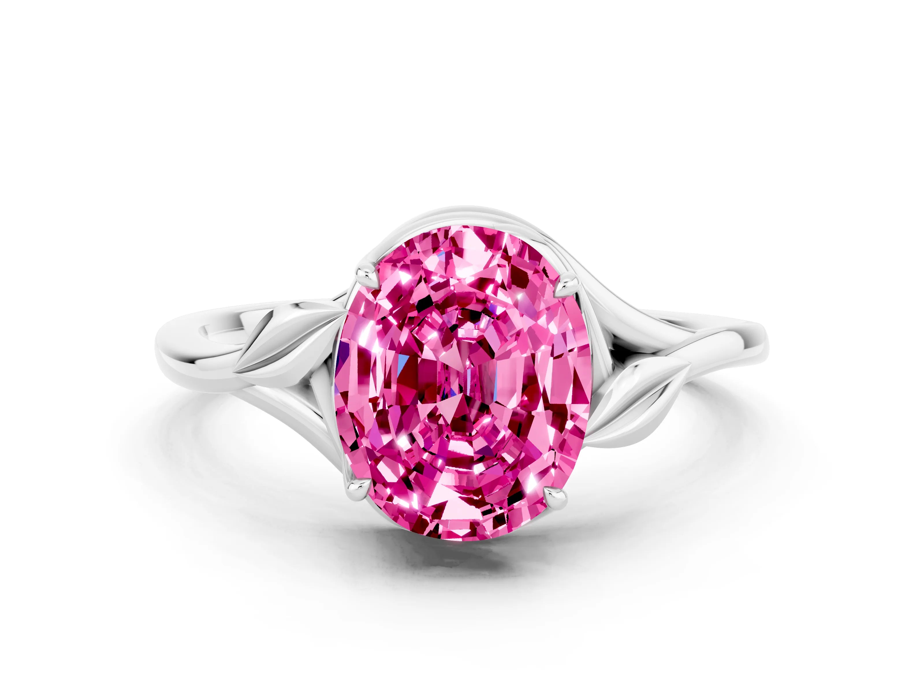 White gold Oval Cut Pink Sapphire Solitaire Ring with Twist Band and Four-Prong Setting_12