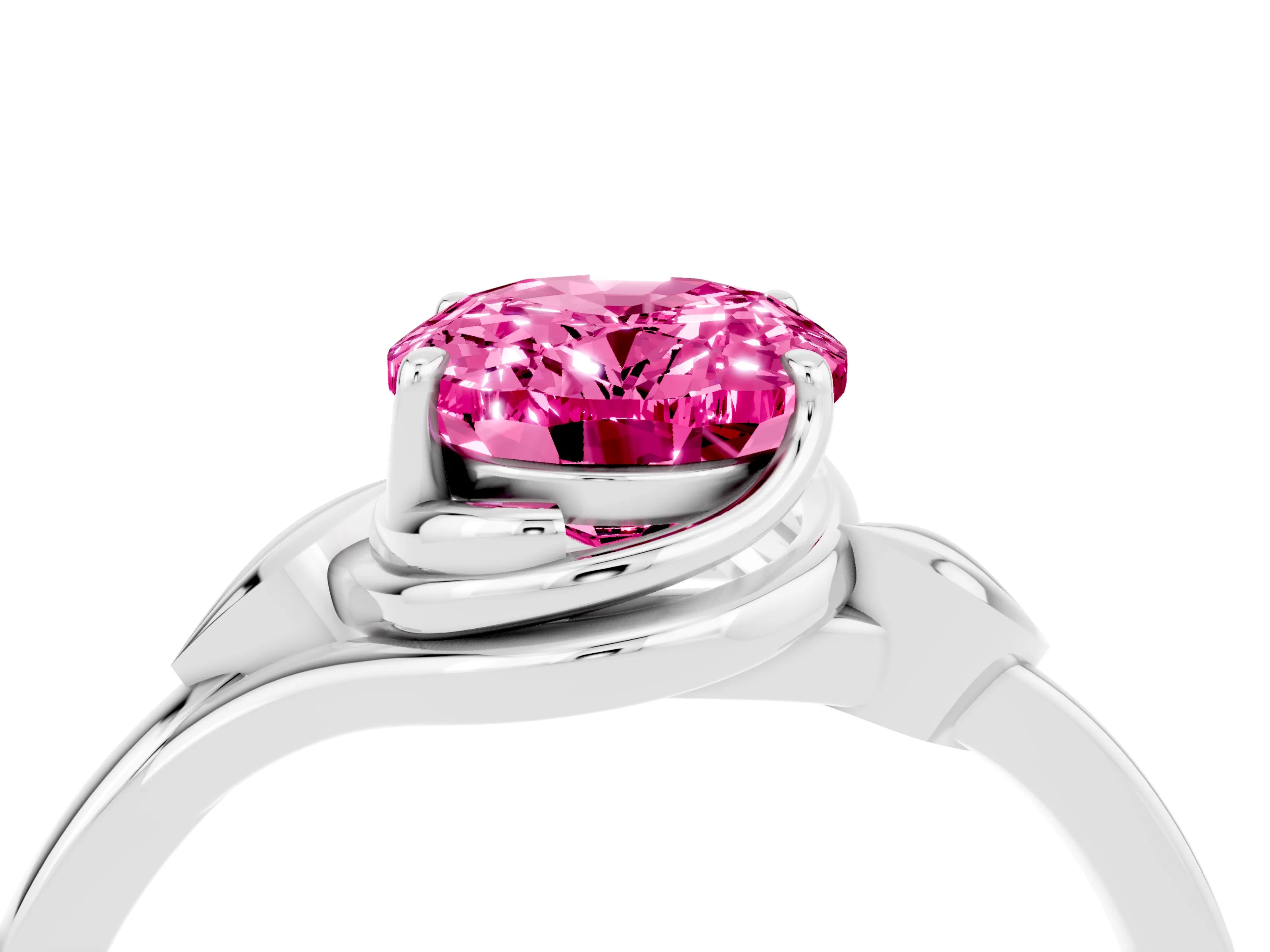 White gold Oval Cut Pink Sapphire Solitaire Ring with Twist Band and Four-Prong Setting_16