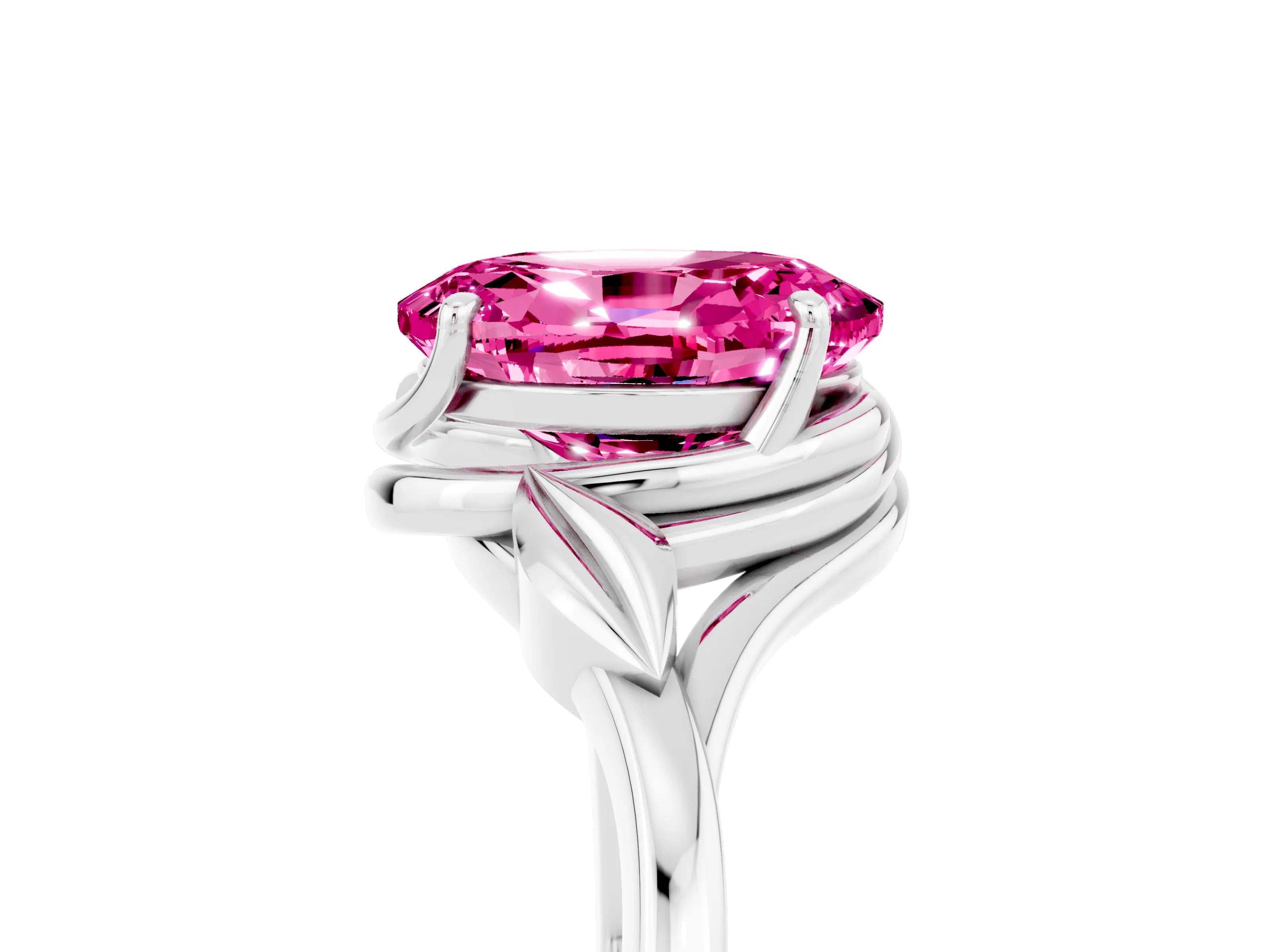 White gold Oval Cut Pink Sapphire Solitaire Ring with Twist Band and Four-Prong Setting_17