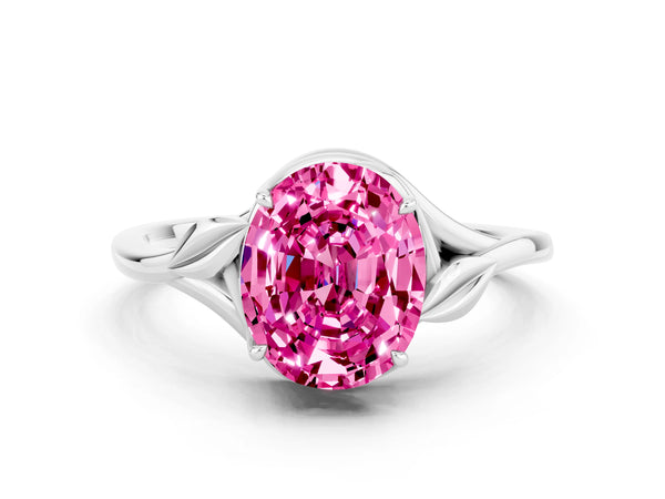 White gold Oval Cut Pink Sapphire Solitaire Ring with Twist Band and Four-Prong Setting