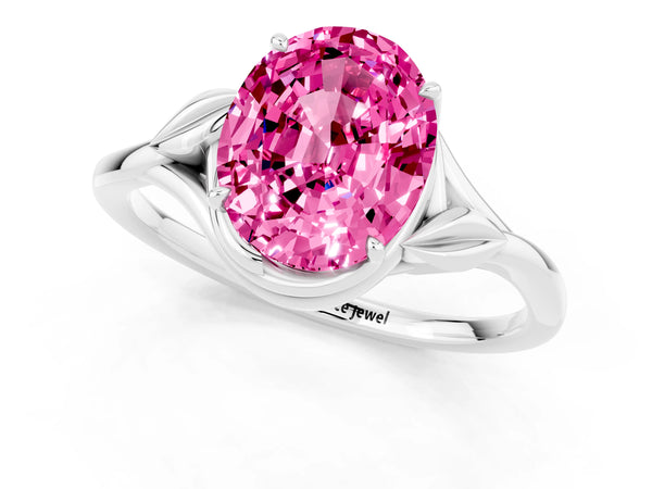White gold Oval Cut Pink Sapphire Solitaire Ring with Twist Band and Four-Prong Setting