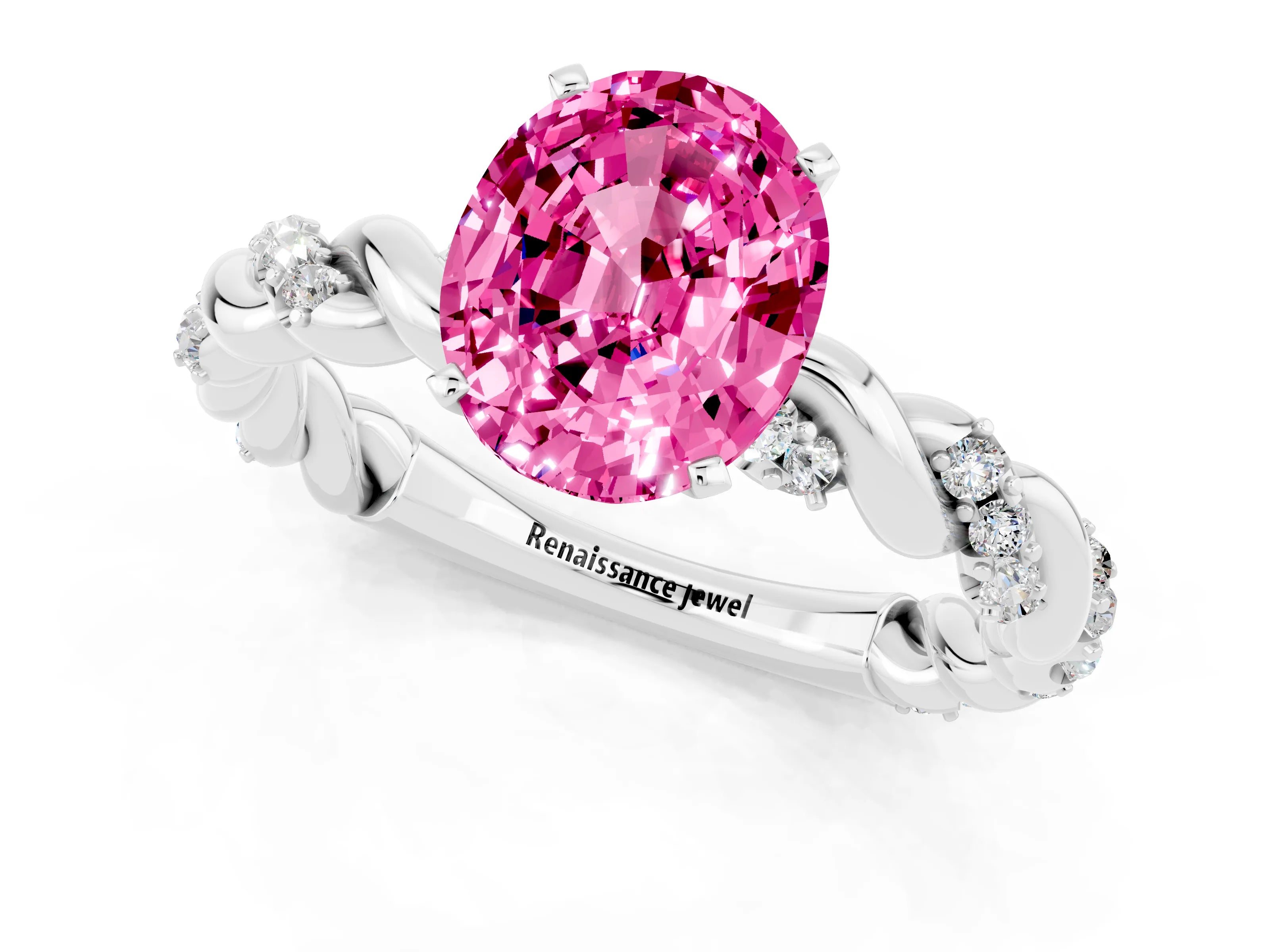 White gold Oval Cut Pink Sapphire Solitaire Ring with Twisted Band and Pavé Accents_1