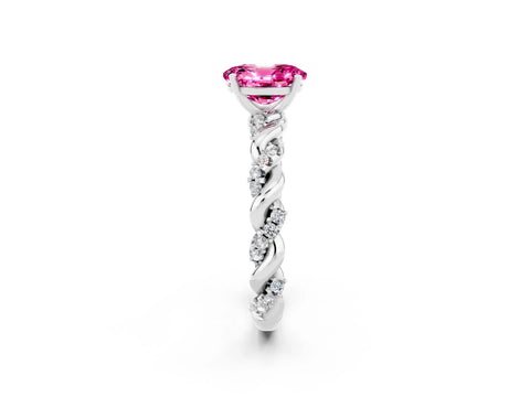 White gold Oval Cut Pink Sapphire Solitaire Ring with Twisted Band and Pavé Accents_2